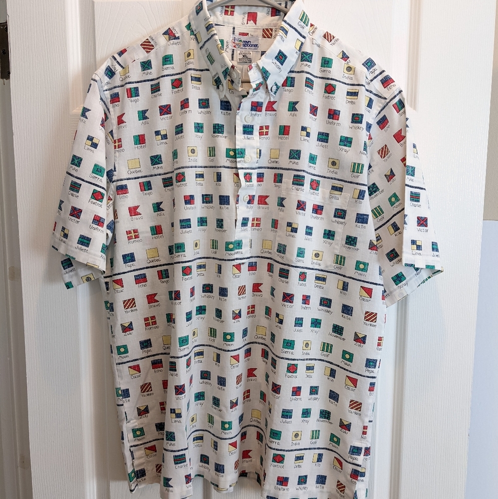 Reyn Spooner White International Maritime Flag Pattern Button Pullover M…